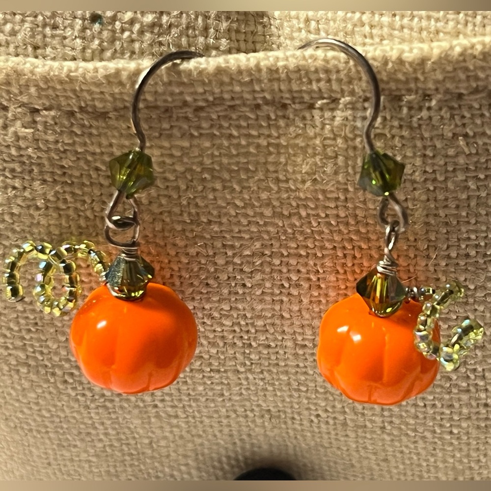 Beautiful dangling glass pumpkin silver hook earrings